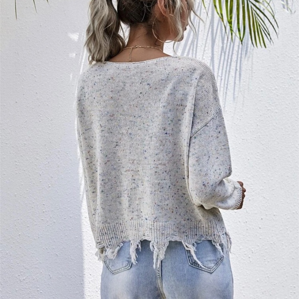 🌟 V-neck Confetti Pattern Distressed Sweater🌟 - Picture 4 of 9